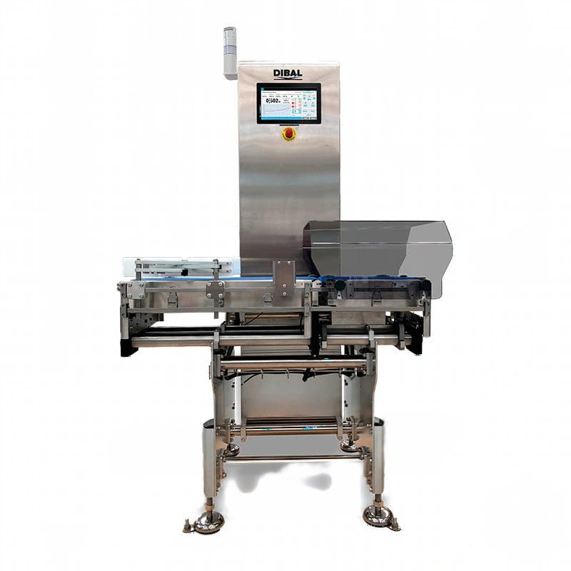 Industrial-grade stainless steel dibal food inspection machine with a digital display and conveyor system
