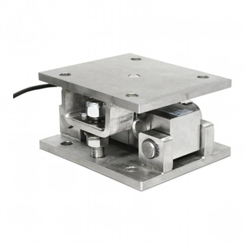 Silver metallic platform scale with a square top plate and visible mechanical components