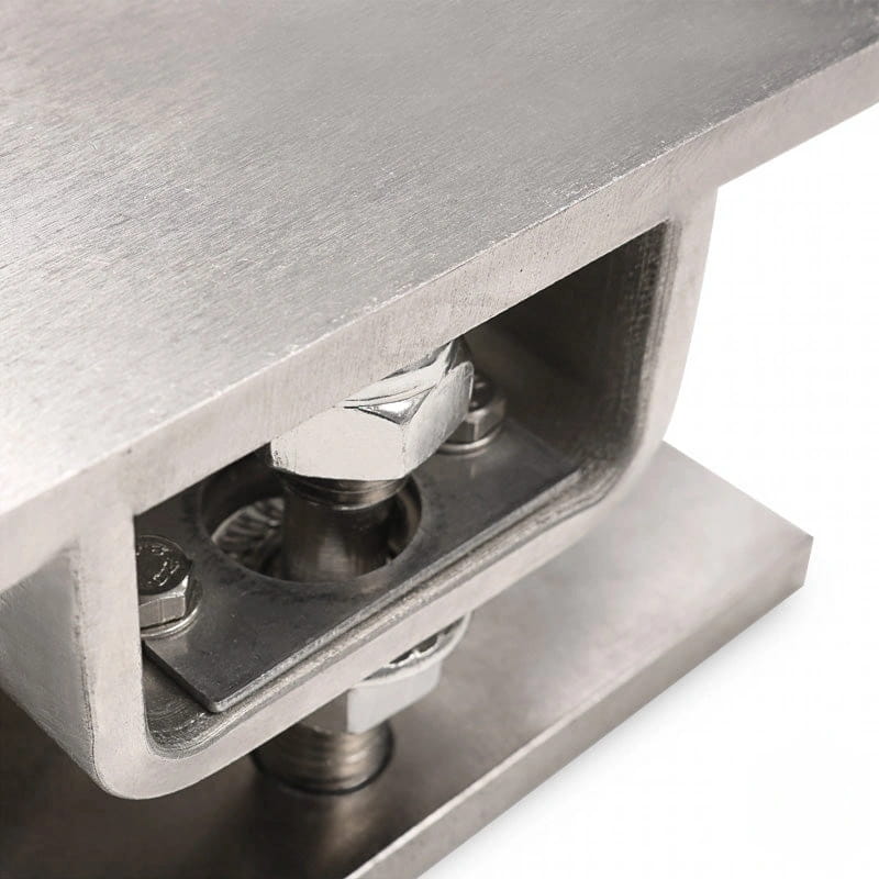 Silver metallic bracket with a brushed finish and visible bolts securing its structure