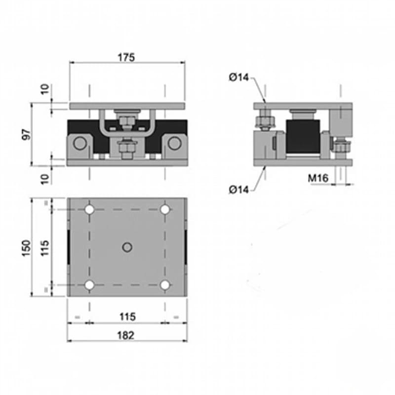 Gray metal mechanical component with precise engineering dimensions and bolted assembly details