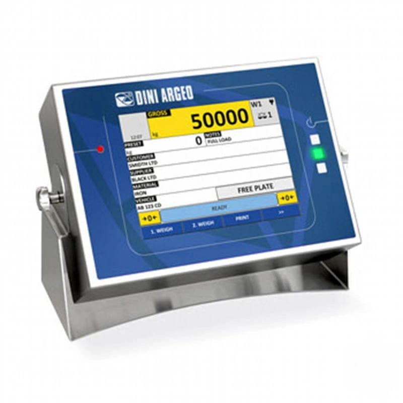 Stainless steel industrial scale with a blue touchscreen display showing weight readings and operational controls