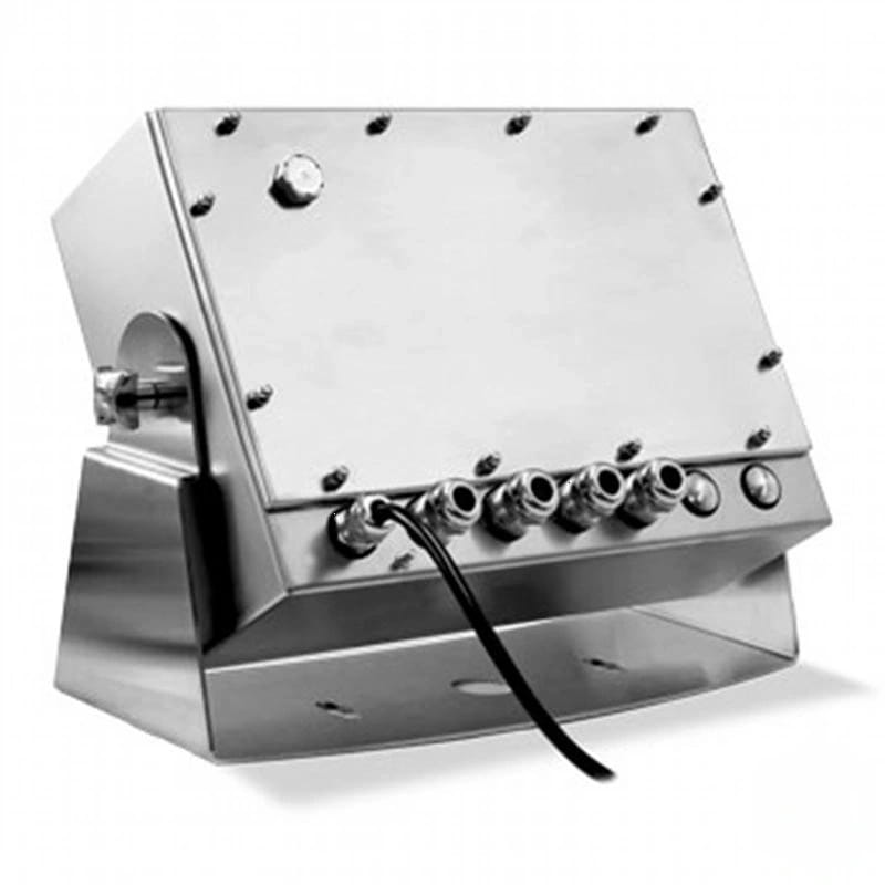 Stainless steel industrial-grade floodlight with a rectangular housing, multiple mounting bolts along the edges and side, several threaded connectors on its front panel for wiring or attachment