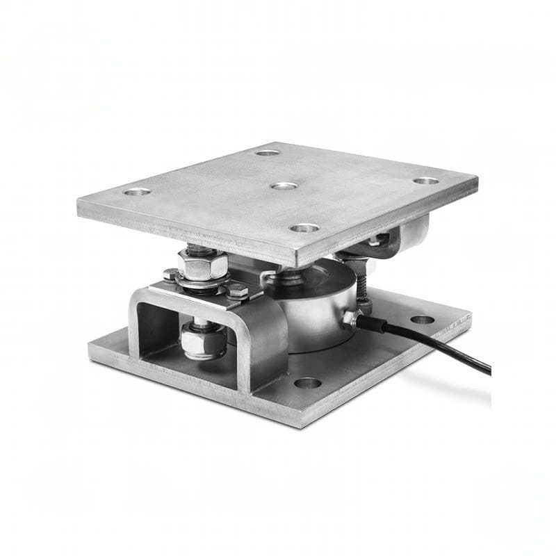 Industrial-grade stainless steel platform scale with a square loading surface and integrated sensor housing