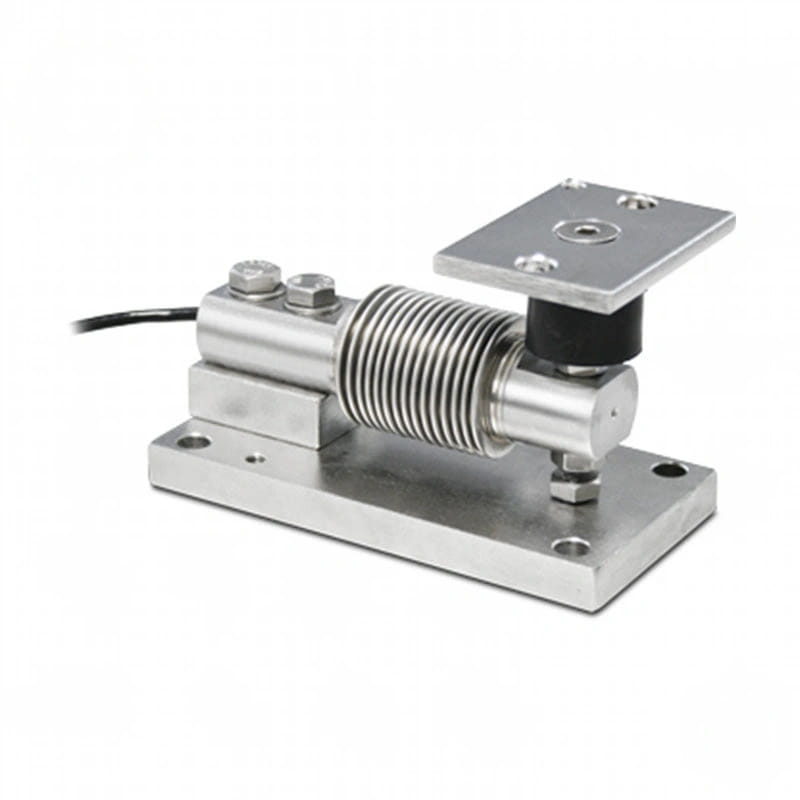 Silver metallic load cell with a coiled spring and mounting plates