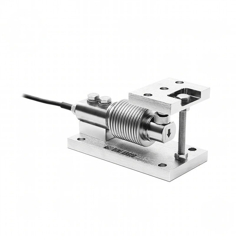 Silver metallic load cell with a threaded rod and mounting plate, featuring engraved branding