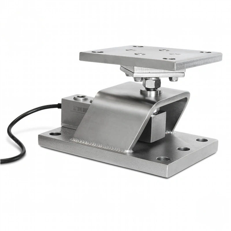 Industrial-grade stainless steel load cell with a square mounting plate and integrated wiring