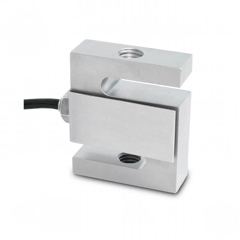 Silver metallic load cell with threaded mounting holes and a black cable extending from its side