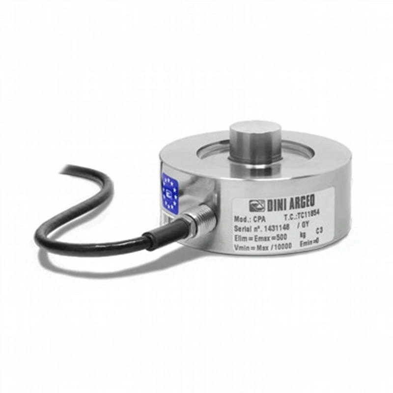 Silver cylindrical load cell with a black cable and engraved specifications on its side