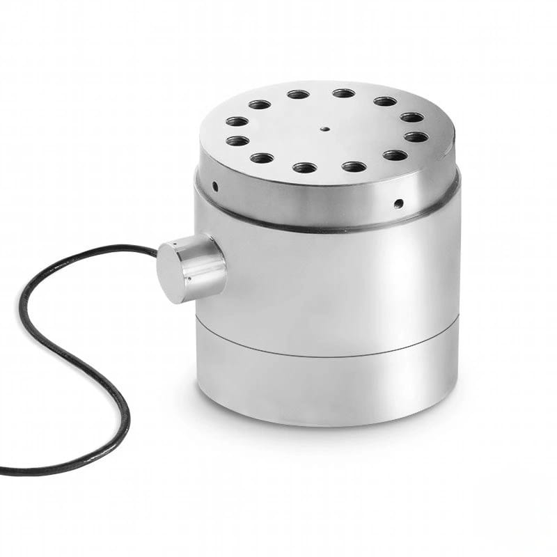 Silver cylindrical industrial sensor with a perforated top and black cable
