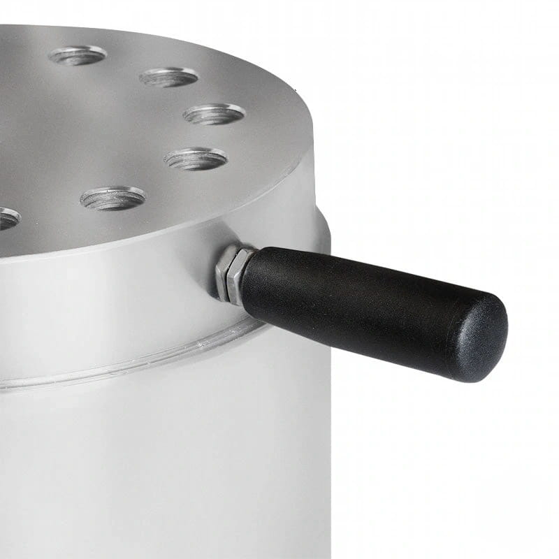 Silver cylindrical container with a black handle and multiple circular holes on its top surface