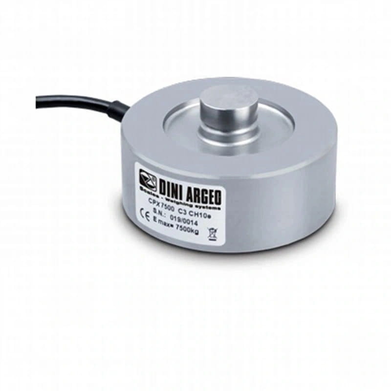 Silver cylindrical load cell with a black cable and a label indicating the brand ’dini argeo’ and model number ’cpx7500 c3 ch10e’