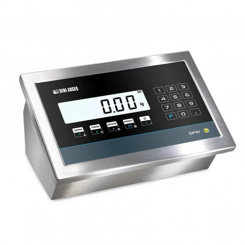 Stainless steel industrial scale with a black digital display showing ’0.00 kg’ and labeled buttons for functions like zero, tare, mode, print, and clear