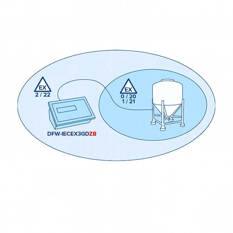 The dfw-iecex3gdzb explosion-proof control panel, marked with ex 2/22 certification, is shown connected to a silo in an hazardous area zone