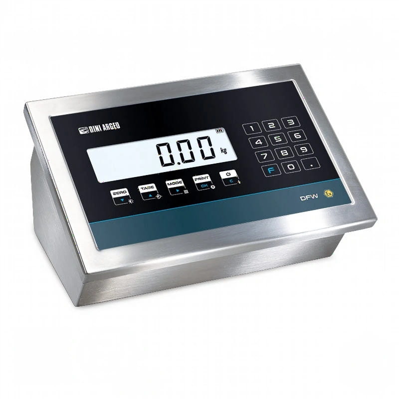 Stainless steel industrial scale with a black digital display and keypad, featuring the dini abgeo brand logo