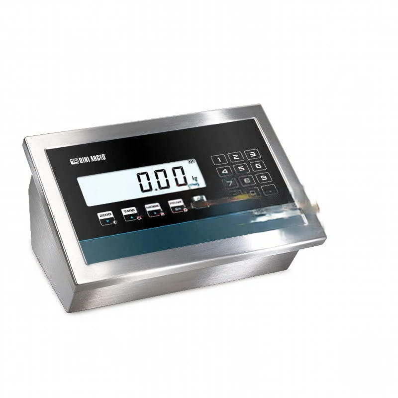 Stainless steel industrial scale with a digital display and keypad