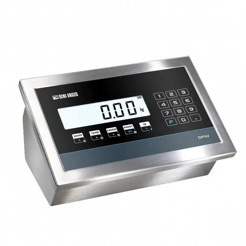 Stainless steel industrial scale with a digital display and keypad