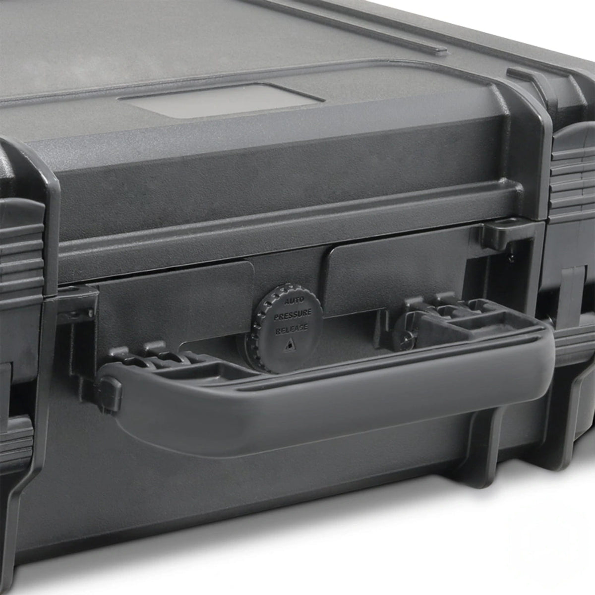Black rugged hard-shell case with textured grip handle and integrated pressure release button