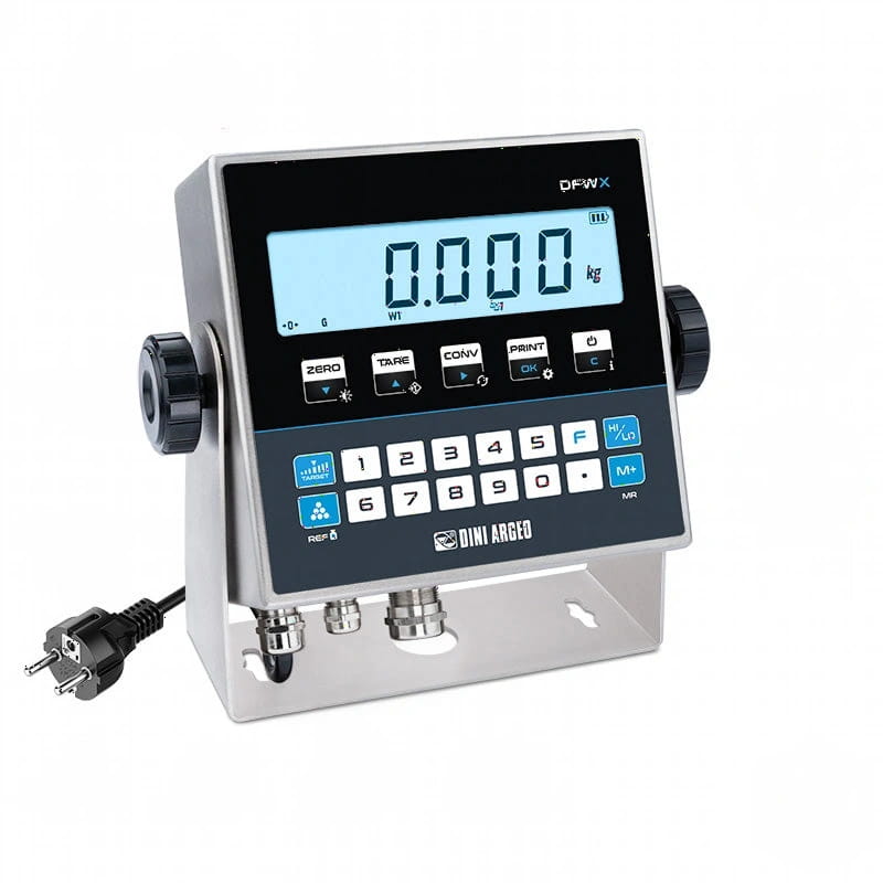 Silver dini argeo dp-wx digital scale with a black display screen showing ’0.000 kg’ and blue-lit function buttons, mounted on a metal bracket