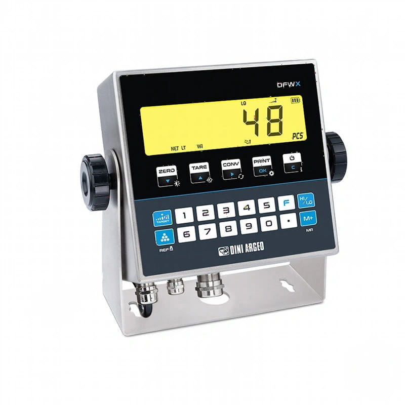 Silver dini argeo bfwx digital weighing scale with a black display showing yellow numerals and blue function buttons