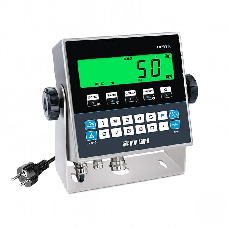 Silver dini argeo dfwx digital weighing scale with a green lcd display and black control panel featuring white buttons