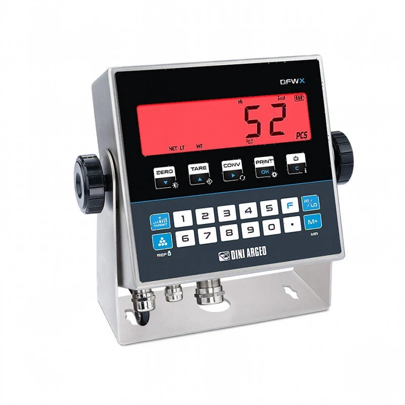 Silver dini argeo dfwx digital weighing scale with a red display showing ’52 pcs’ and black control buttons