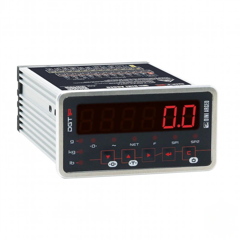Silver-colored industrial digital scale with a black display panel showing red led digits and control buttons
