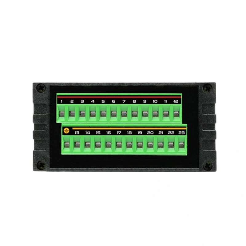 Black plastic housing with two rows of green terminal blocks, each row containing 12 numbered connectors