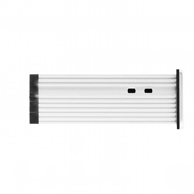 White aluminum radiator with black end caps and two rectangular cutouts