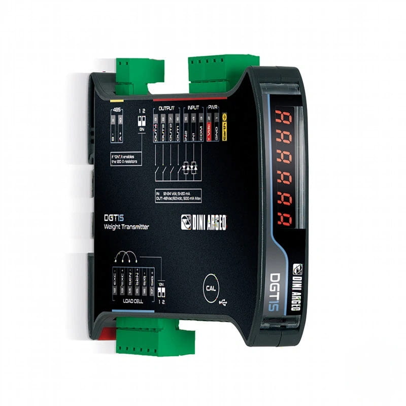 Black dgt15 weight transmitter with green terminal connectors and a red digital display