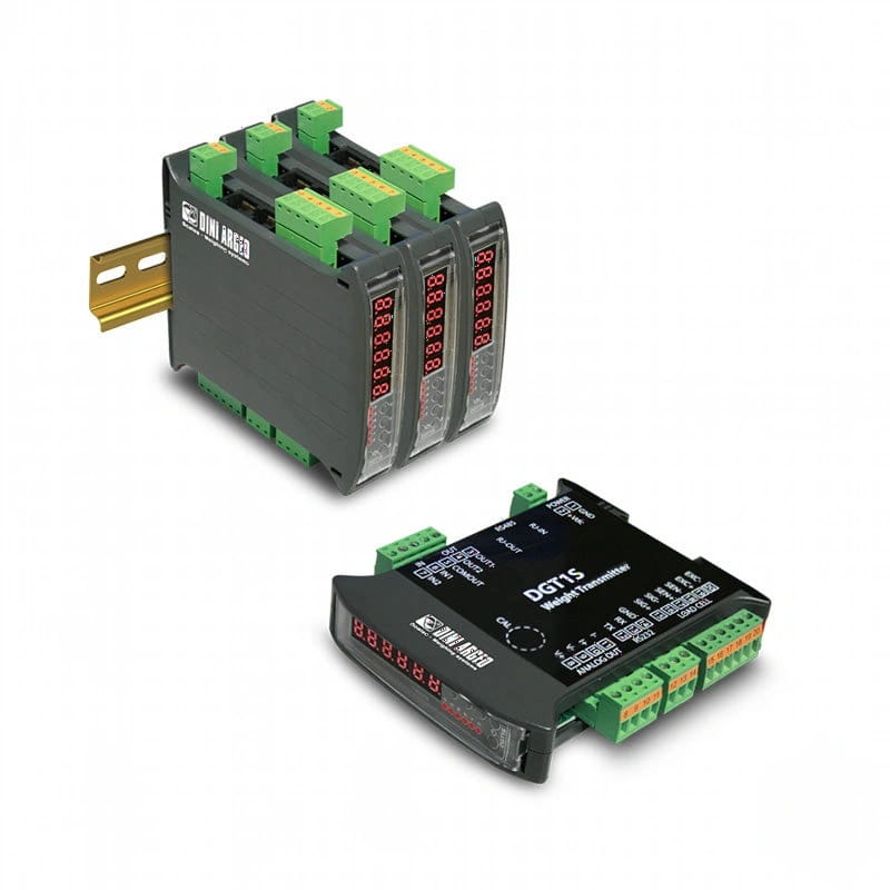 Black plastic industrial weight transmitter with green terminal blocks and red digital displays