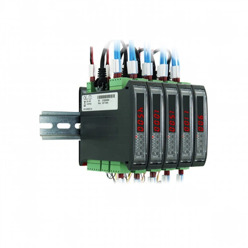 Black and green industrial digital input/output module with red led displays showing ’0.5’’ on each unit, featuring multiple colored wires connected to its terminals