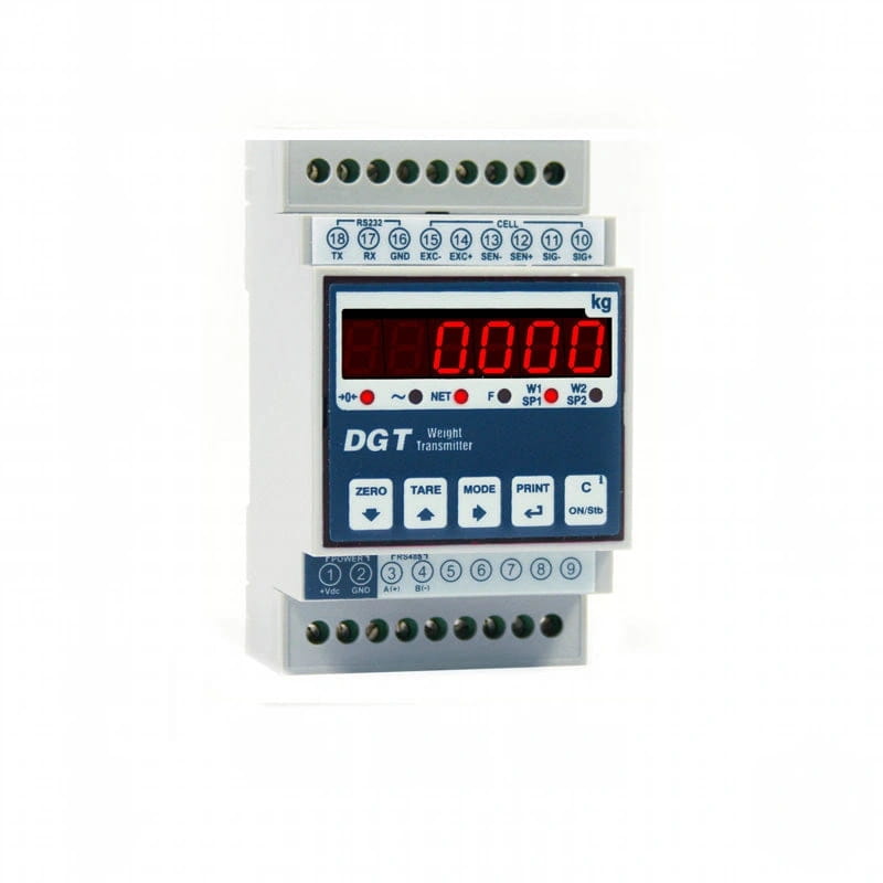 White and blue dgt weight transmitter with red digital display showing ’0.000 kg’ and labeled control buttons below the screen