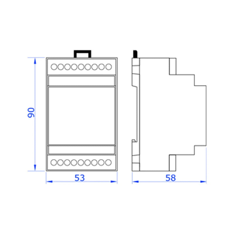 Industrial-grade din rail-mounted relay module with a compact rectangular housing, featuring two rows of terminal connections and an integrated handle for easy installation