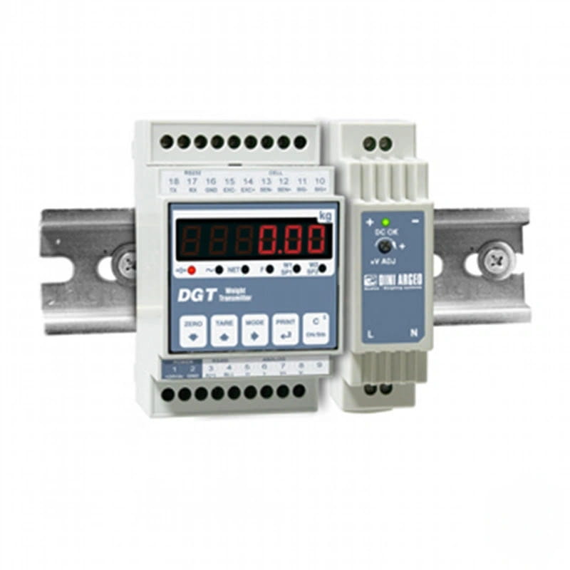 Gray and blue industrial weight transmitter with red digital display, labeled ’dgt weight transmitter’ by digi-ansco