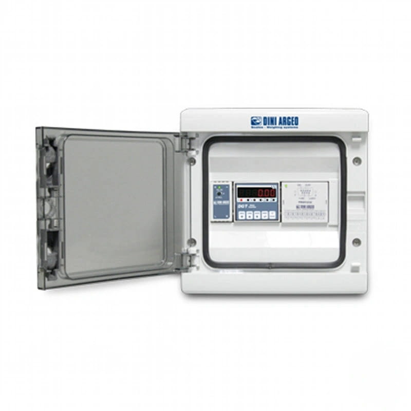White dini argeo brand industrial metering controller with a hinged transparent door and digital display panel