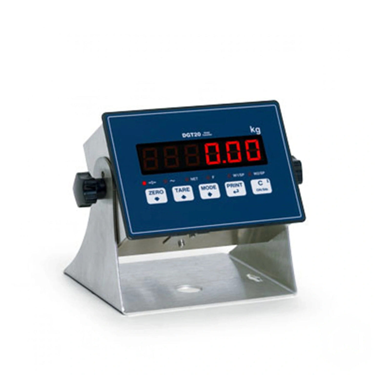 Blue digital scale with red led display and silver metallic base, model dgt20