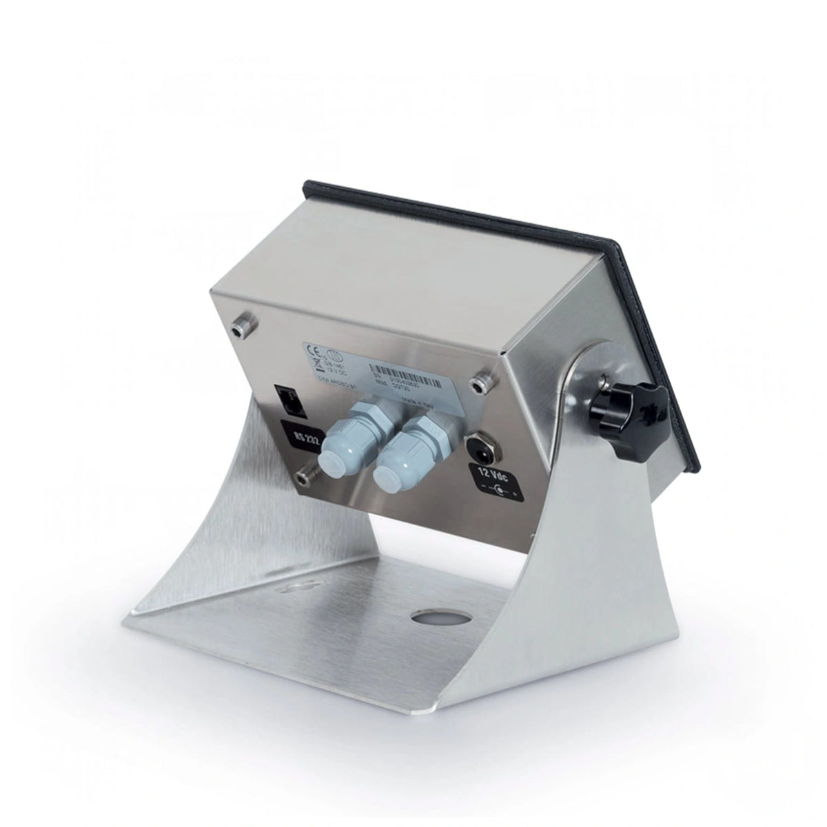 Silver metallic industrial control box with black rubberized edge and two light gray threaded connectors