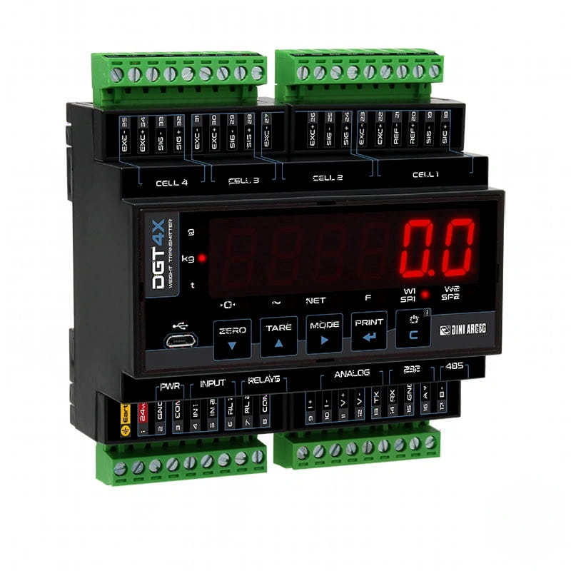 Black dgt4x digital weighing scale with red led display and green terminal blocks
