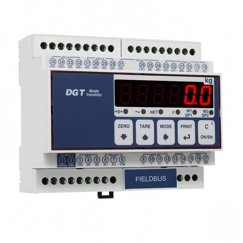 White dgt weight transmitter with digital display showing ’0.0 kg’ and multiple labeled input/output terminals for industrial weighing systems