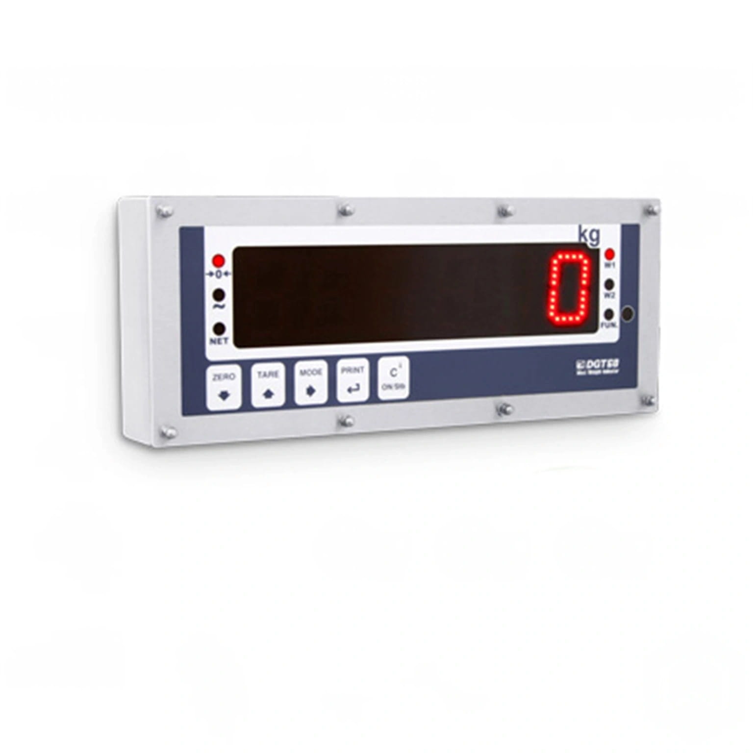 White and navy blue digital weighing scale with red led display showing ’0 kg’ and labeled buttons for functions like zero, tare, mode, print