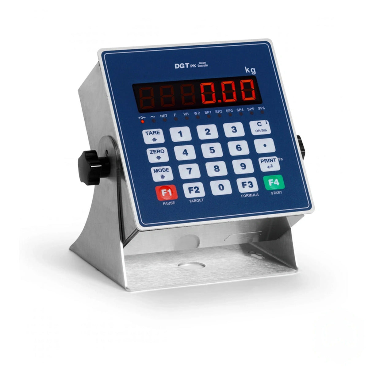Blue digital scale with red led display and stainless steel casing, featuring a keypad with white buttons and function keys including f1 through f4