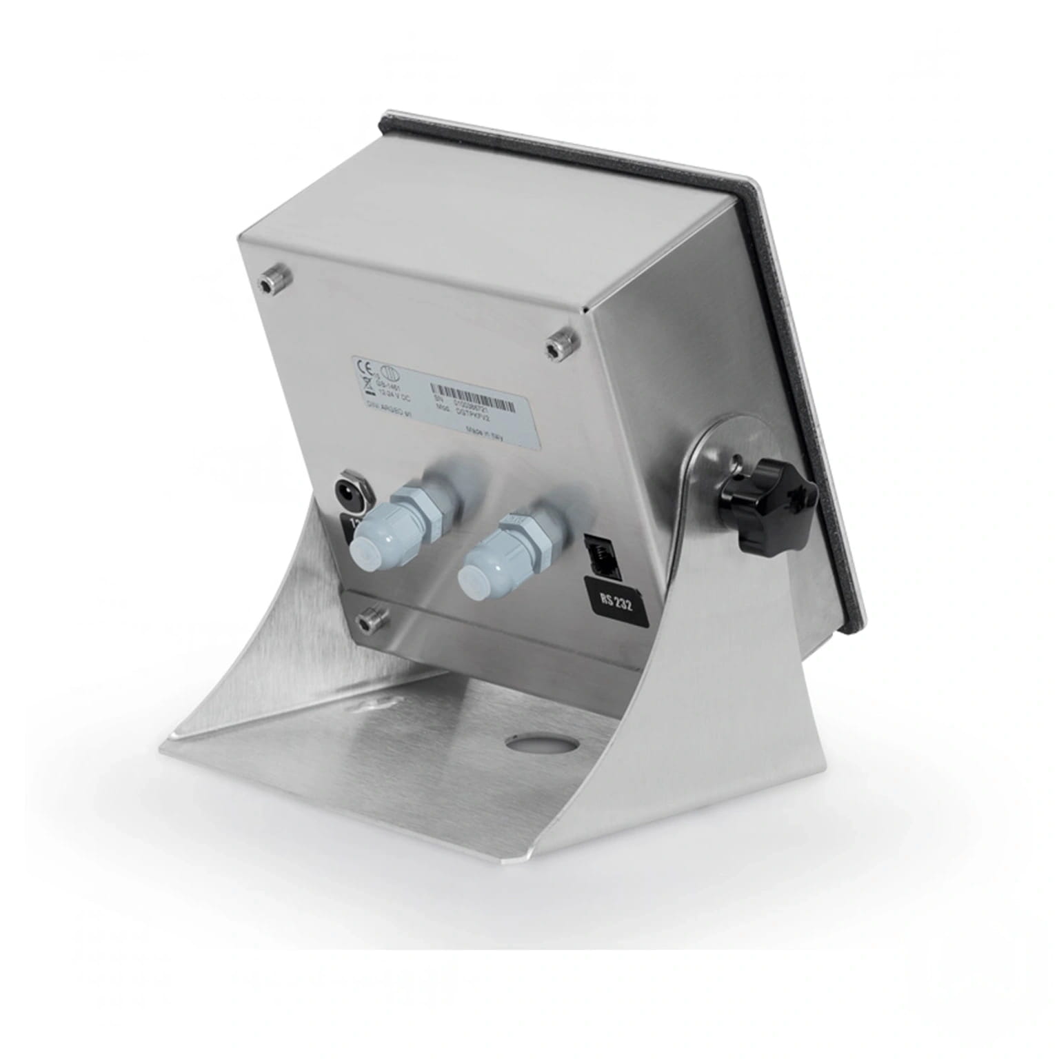 Silver metallic industrial sensor unit with two light blue threaded connectors and a black adjustment knob