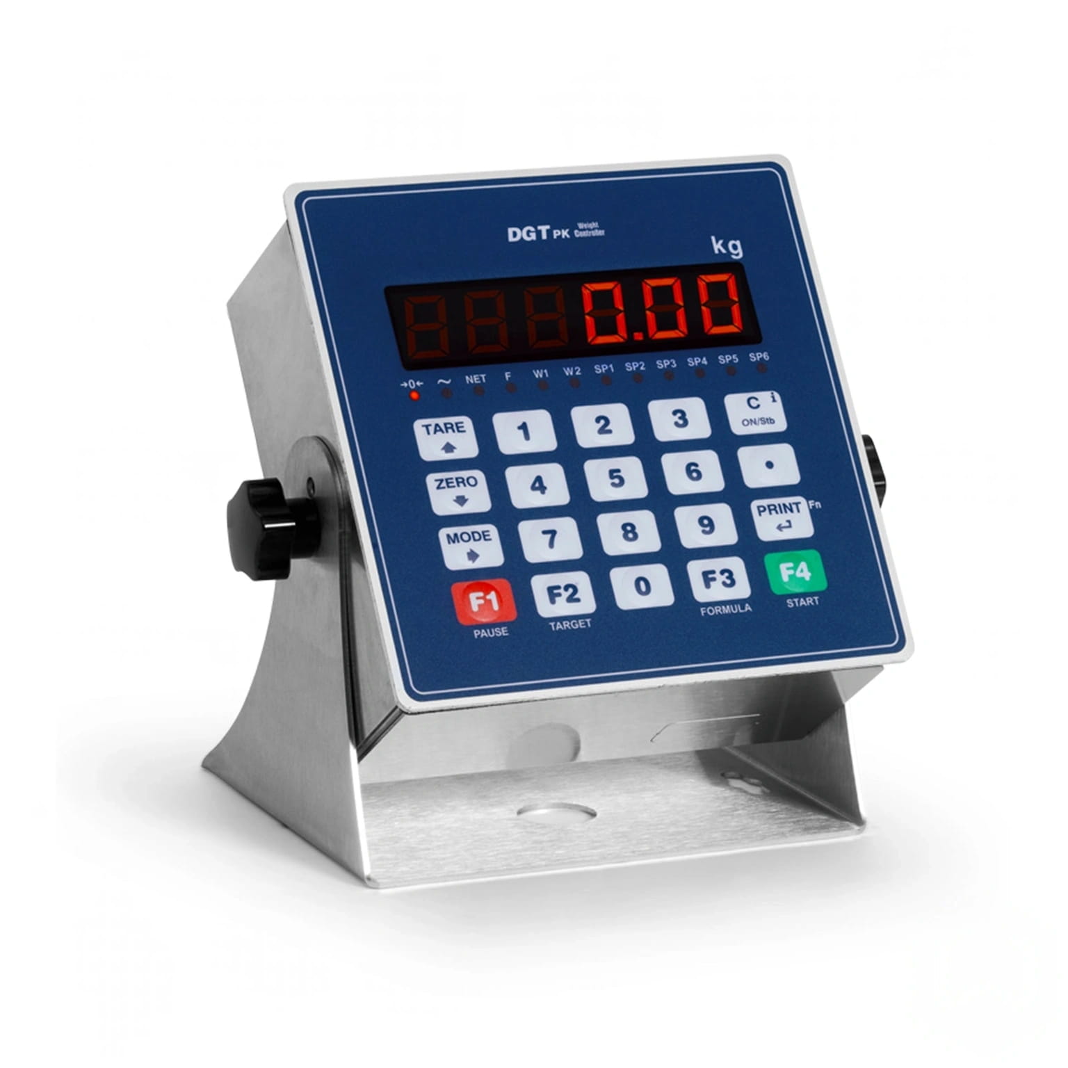 Blue digital scale with red led display and stainless steel casing, featuring a keypad with white buttons labeled for various functions
