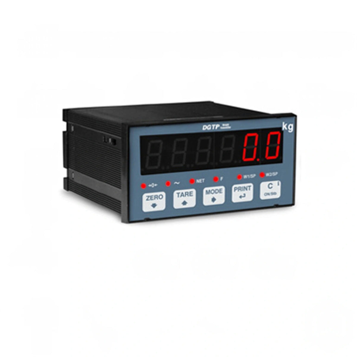 Black dgtb digital scale with a blue front panel, red led display showing ’0.0 kg,’ and white function buttons labeled zero, tare, mode, print, c, on/set