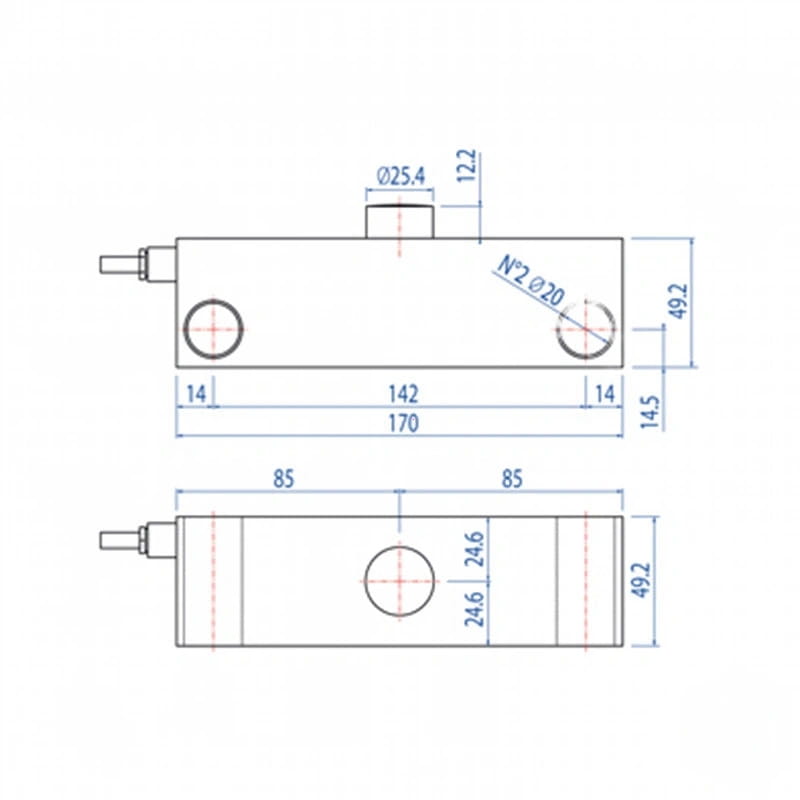 Rectangular metal load cell with threaded ends and circular mounting holes