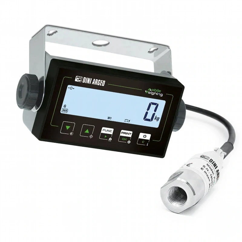 Silver dini argeo mobile weighing scale with black digital display and a connected sensor