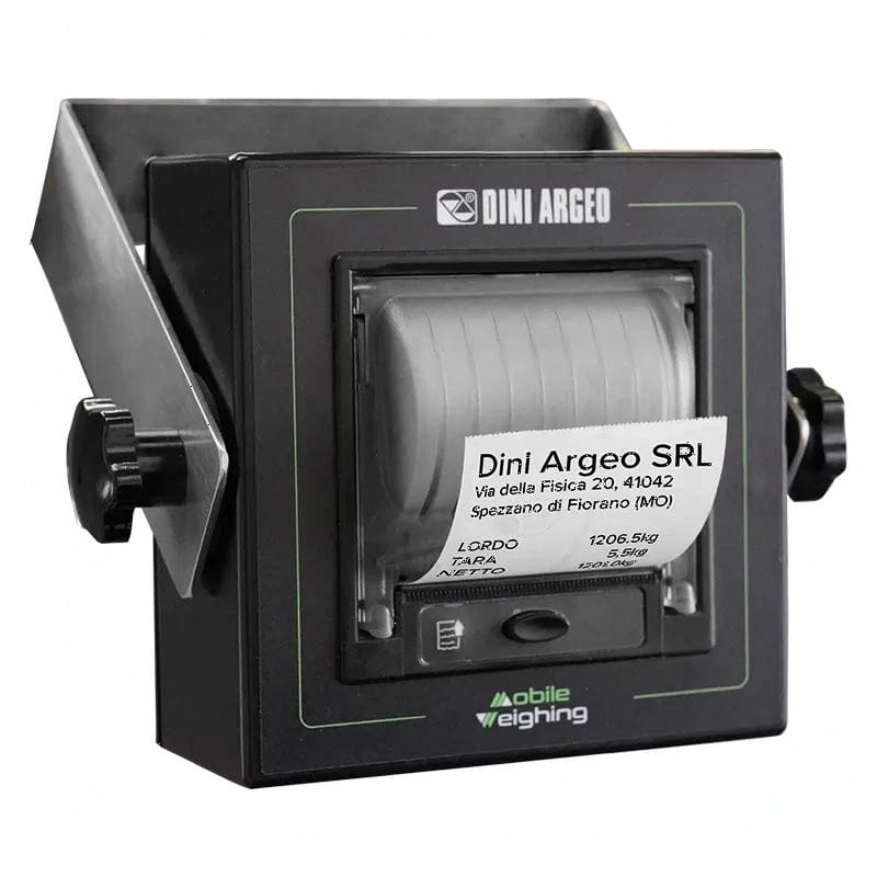 Black dini argeo srl wall-mounted scale with a digital display and printed label showing weight measurements