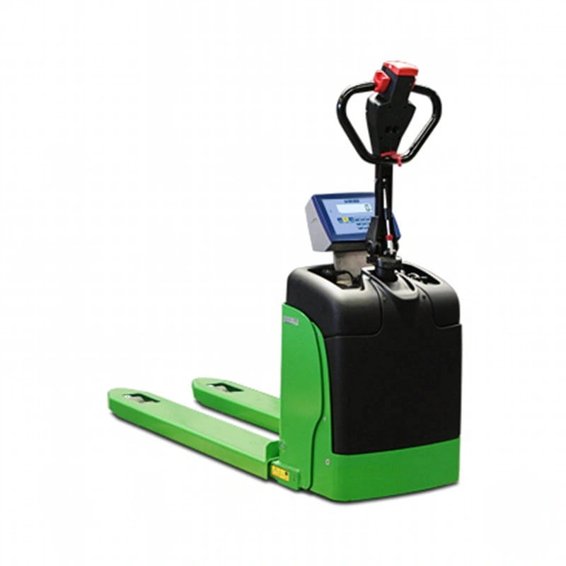 Green and black electric pallet jack with a digital display on the handle
