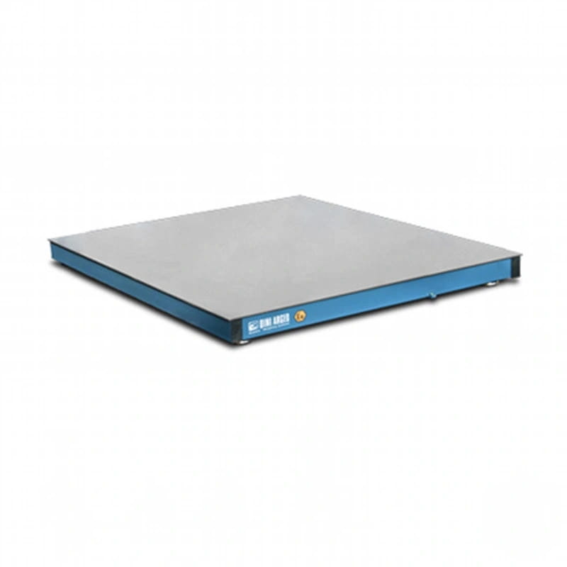 Blue industrial floor scale with a silver metallic weighing platform