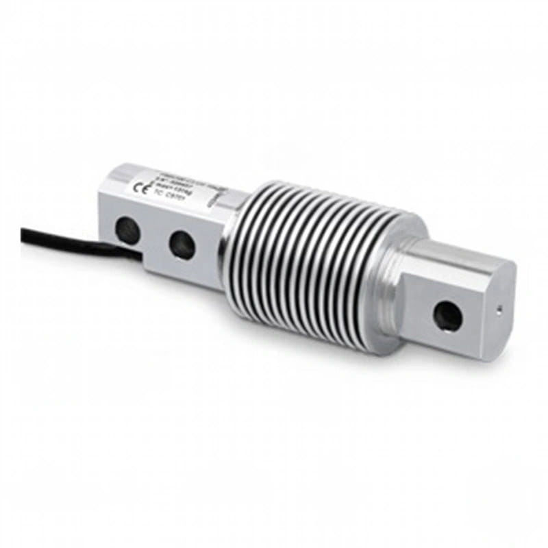 Silver metallic load cell with a ribbed cylindrical body and two rectangular mounting ends, featuring black wiring